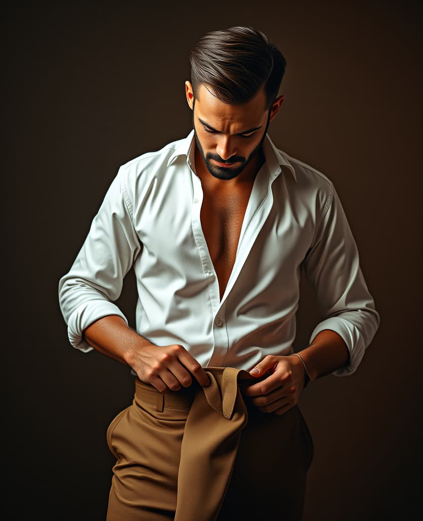  hdr photo of man, wearing a white shirt around his waist, dark brown background, model, putting into a bag . high dynamic range, vivid, rich details, clear shadows and highlights, realistic, intense, enhanced contrast, highly detailed