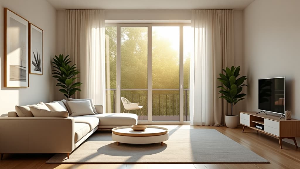  living room at home with morning sunlight at big window for background usage. interior background concept. white, britht tone