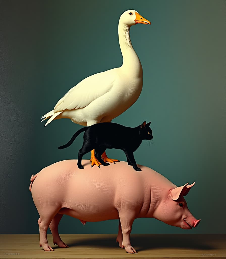  pop art style (masterpiece, oil painting:1.2), a goose standing on a pig and a black cat on top of the goose, close up, vintage poster, high attention to fine detail, perfect pose following the rules of thirds and the golden ratio, high resolution, high detailing . bright colors, bold outlines, popular culture themes, ironic or kitsch hyperrealistic, full body, detailed clothing, highly detailed, cinematic lighting, stunningly beautiful, intricate, sharp focus, f/1. 8, 85mm, (centered image composition), (professionally color graded), ((bright soft diffused light)), volumetric fog, trending on instagram, trending on tumblr, HDR 4K, 8K