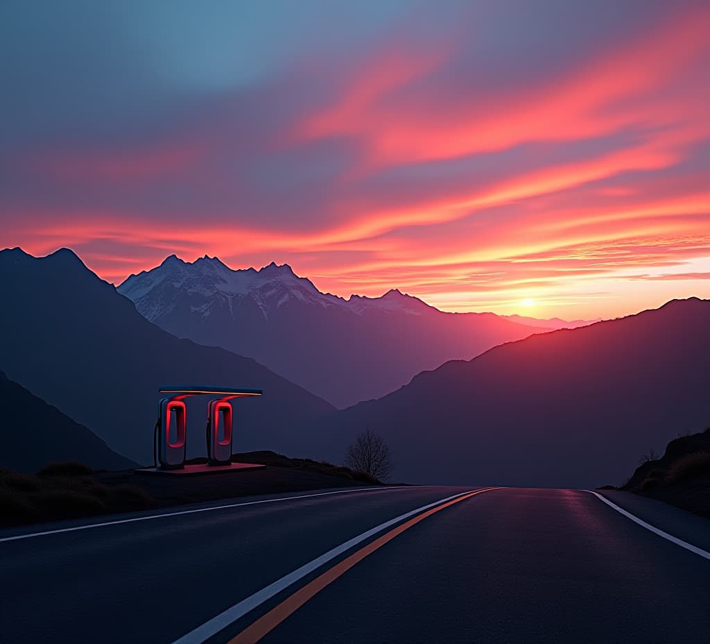  sunset hues over a mountain pass charging station