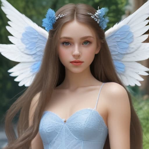 mdjrny-v4 style Create A beautiful girl with cute face, long hair, blue eyes , body with wings, fairy