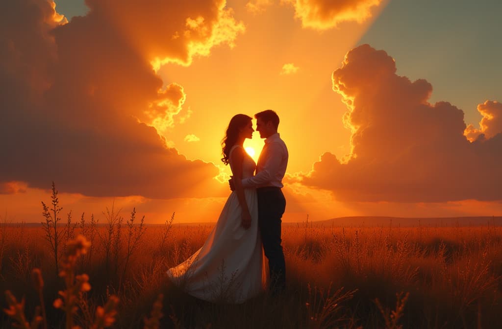  a romance tinged couple, silhouetted in a field under a breathtaking sunset. the golden rays pierce through billowing clouds, casting a warm glow on their entwined figures. this scene is depicted in a stunningly realistic oil painting, capturing the tender moment with intricate detail. the couple's bodies are delicately outlined, their love palpable in the way they hold each other. the dramatic sky above them adds a sense of awe and wonder, making this image an instant classic. hyperrealistic, full body, detailed clothing, highly detailed, cinematic lighting, stunningly beautiful, intricate, sharp focus, f/1. 8, 85mm, (centered image composition), (professionally color graded), ((bright soft diffused light)), volumetric fog, trending on instagram, trending on tumblr, HDR 4K, 8K