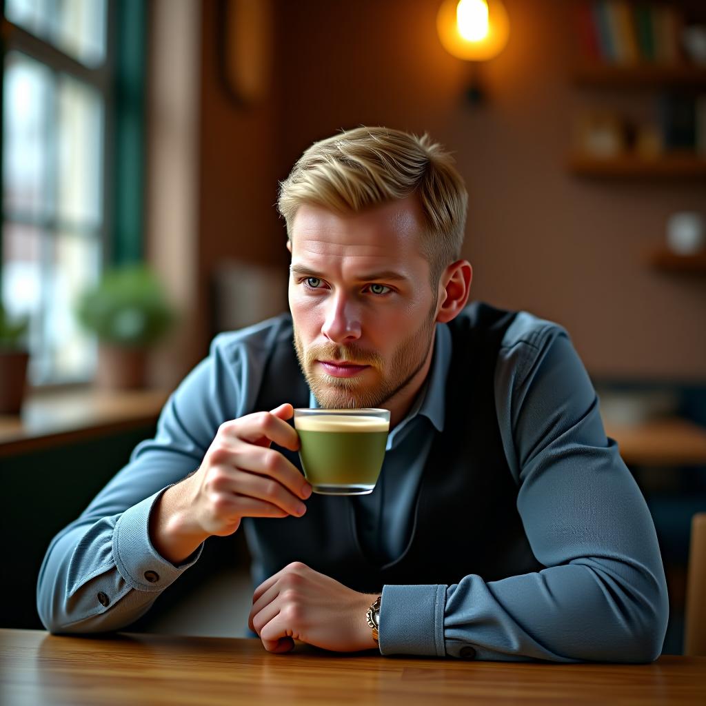  uk man drinking matcha at a cafe, male, british, blonde, adult, masterpiece, best quality