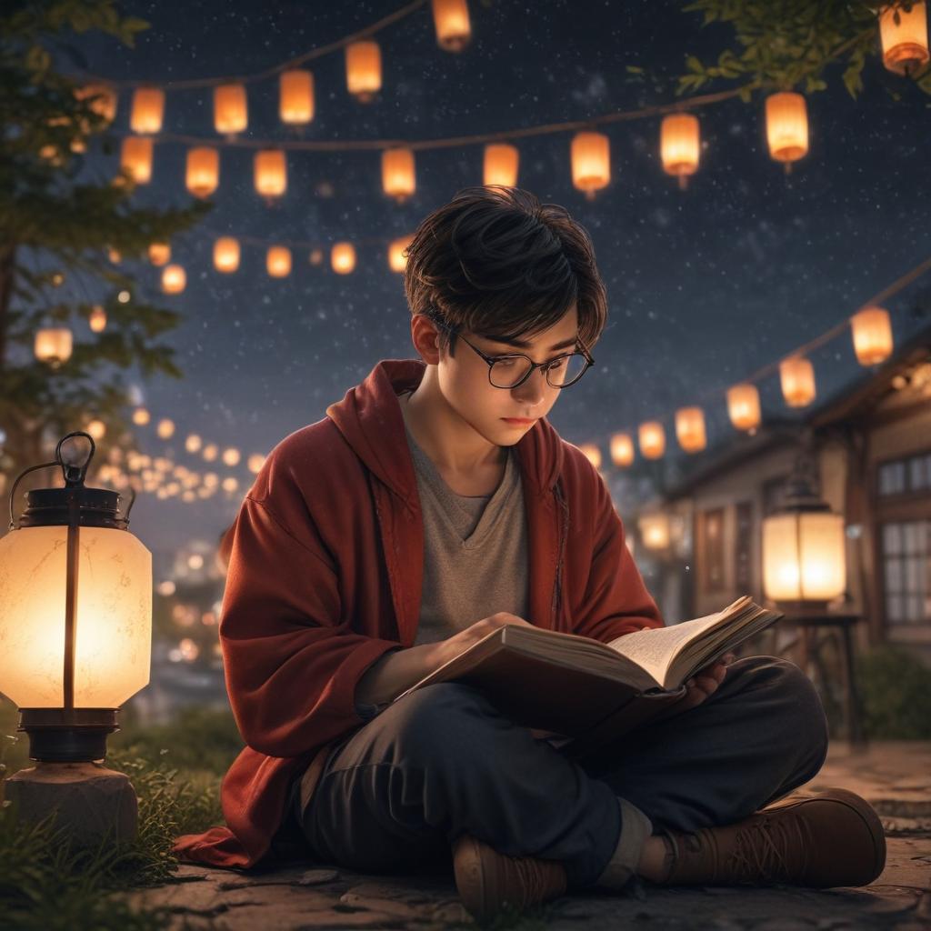 ((masterpiece)),(((best quality))), 8k, high detailed, ultra detailed, A cute illustration in the style of Meguro Ren, Meguro Ren style, boy with glasses, reading a book under a starry night sky, surrounded by floating lanterns, with a crescent moon in the background hyperrealistic, full body, detailed clothing, highly detailed, cinematic lighting, stunningly beautiful, intricate, sharp focus, f/1. 8, 85mm, (centered image composition), (professionally color graded), ((bright soft diffused light)), volumetric fog, trending on instagram, trending on tumblr, HDR 4K, 8K