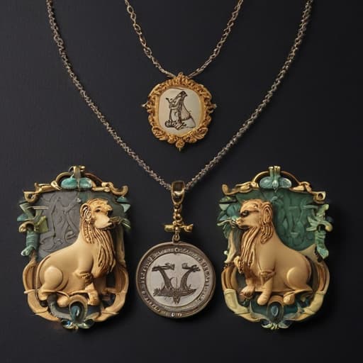 Make a family crest exhibiting a lion on a sheild wearing a crown and chai letter hebrew necklace, flanked by two dachshunds standing on their hindlegs , Star of David, crossed keys, and garland of cannabis in Mythological style