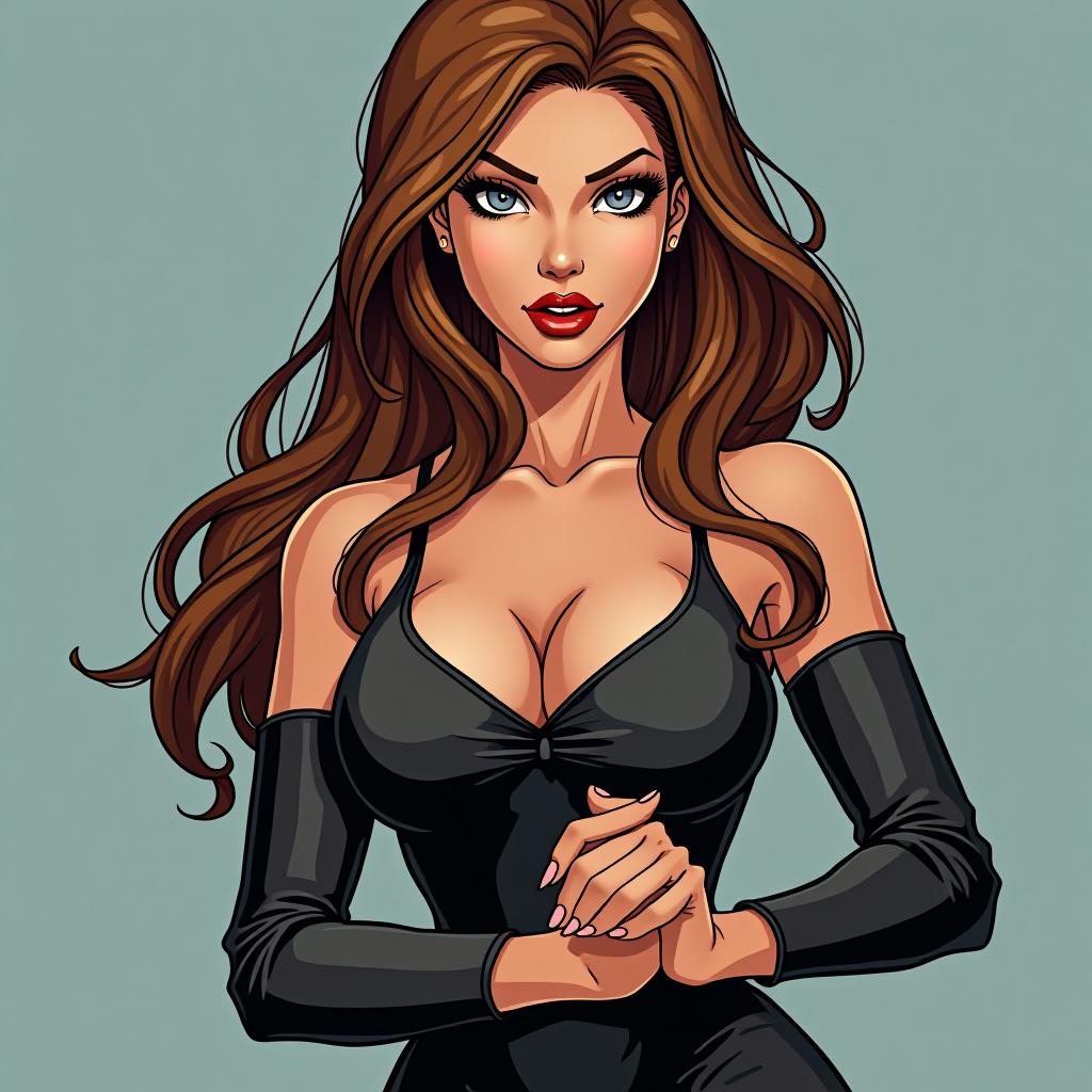  comic the is brown haired, with gray blue eyes.she has pronounced and large s, and is dressed in a tight fitting dress.. graphic ilration, comic art, graphic novel art, vint, highly detailed