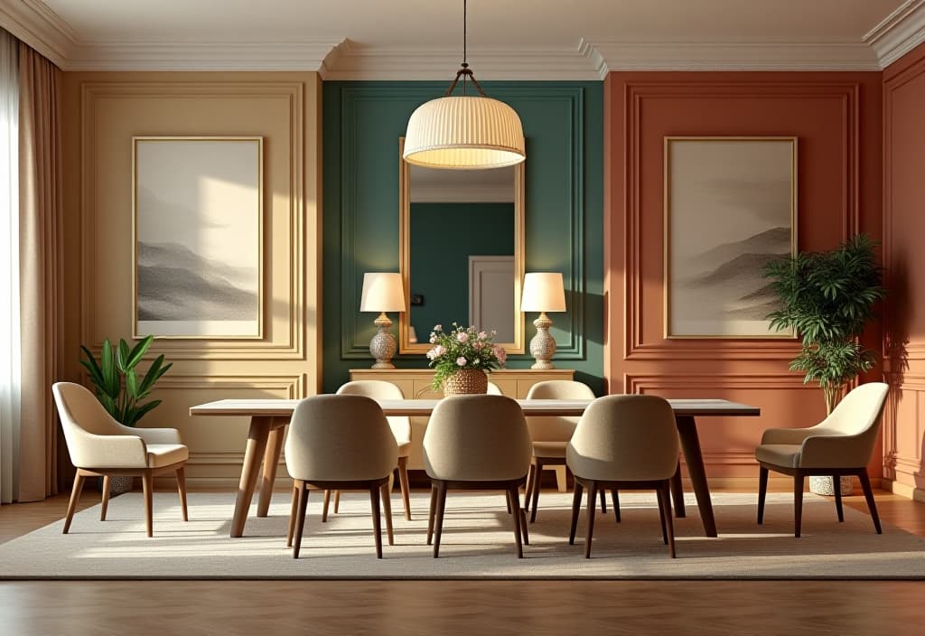  a landscape photo of a series of three dining room vignettes side by side, each with the same furniture but different wall colors, showcasing warm, cool, and neutral palettes hyperrealistic, full body, detailed clothing, highly detailed, cinematic lighting, stunningly beautiful, intricate, sharp focus, f/1. 8, 85mm, (centered image composition), (professionally color graded), ((bright soft diffused light)), volumetric fog, trending on instagram, trending on tumblr, HDR 4K, 8K