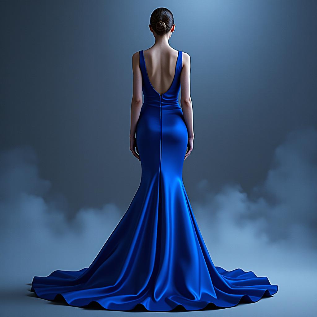  "design a floor length, sleeveless evening gown with a fitted bodice and a deep v neckline. the gown should feature a high waistline that flares into an a line skirt, accentuating the hips. the back is low cut with a keyhole detail. the fabric should be silk with a glossy finish, and the color should be a solid royal blue. the hemline should be plain with no additional embellishments. this design should be fitted at the waist and relaxed at the hips, flowing smoothly towards the floor."  hyperrealistic, full body, detailed clothing, highly detailed, cinematic lighting, stunningly beautiful, intricate, sharp focus, f/1. 8, 85mm, (centered image composition), (professionally color graded), ((bright soft diffused light)), volumetric fog, trending on instagram, trending on tumblr, HDR 4K, 8K