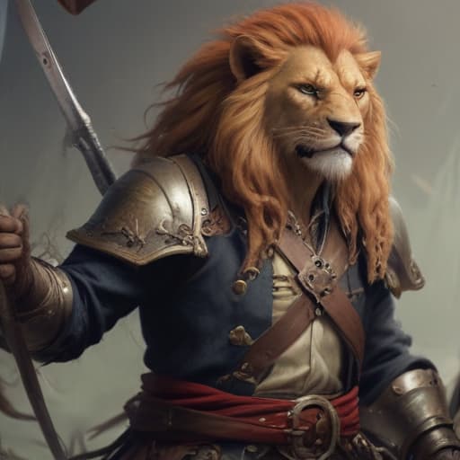 fantasy, art, dnd, roleplaying, ((Half human half lion pirate using a pike))