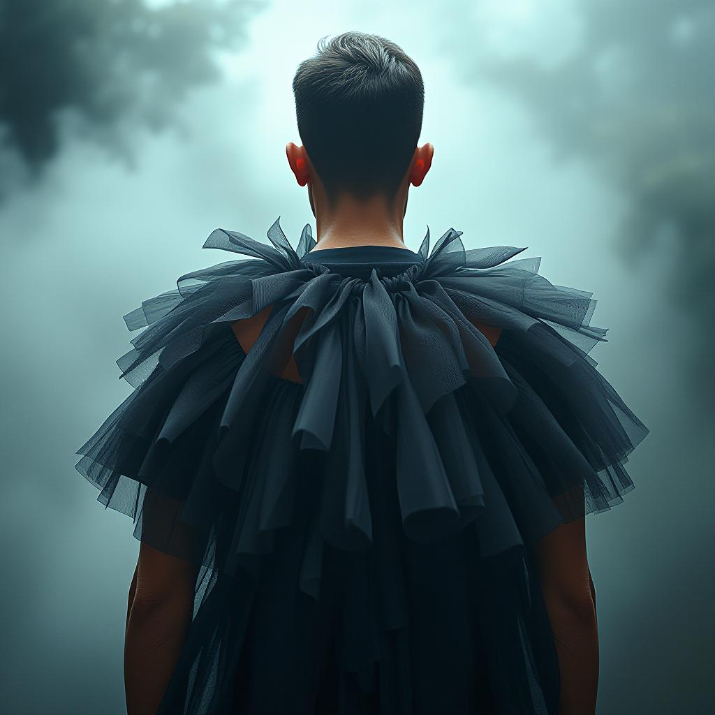  men's tulle tshirt hyperrealistic, full body, detailed clothing, highly detailed, cinematic lighting, stunningly beautiful, intricate, sharp focus, f/1. 8, 85mm, (centered image composition), (professionally color graded), ((bright soft diffused light)), volumetric fog, trending on instagram, trending on tumblr, HDR 4K, 8K