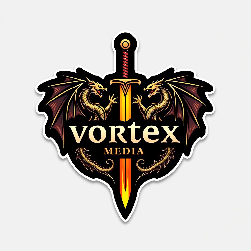  design a logo, custom sticker design on an isolated black background decorated by mythical dragons and a flaming sword, with the text 'vortex media'.