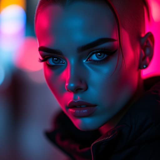  ultra realistic close up portrait ((beautiful pale cyberpunk female with heavy black eyeliner)), blue eyes, shaved side haircut, hyper detail, cinematic lighting, magic neon, dark red city, canon eos r3, nikon, f/1.4, iso 200, 1/160s, 8k, raw, unedited, symmetrical balance, in frame, 8k hyperrealistic, full body, detailed clothing, highly detailed, cinematic lighting, stunningly beautiful, intricate, sharp focus, f/1. 8, 85mm, (centered image composition), (professionally color graded), ((bright soft diffused light)), volumetric fog, trending on instagram, trending on tumblr, HDR 4K, 8K