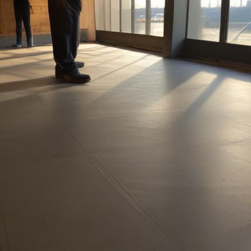 A photo of concrete flooring specialists polishing a sleek, modern concrete floor in a spacious loft apartment during the soft glow of early evening, casting long shadows and creating a dramatic play of light and shadows across the textured surface.