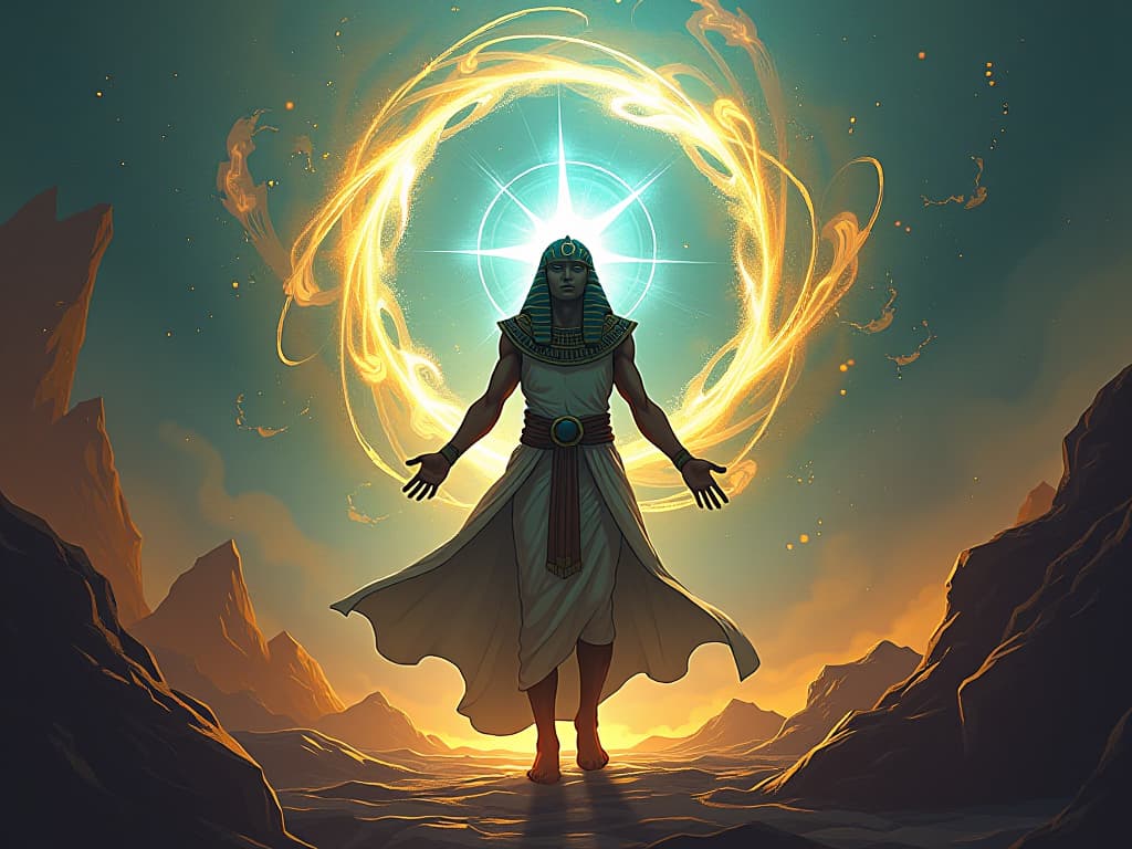  a person surrounded by swirling energies, torrents of creativity emanating, atmosphere of team transformation and new heights. the style is digital art illustration / modern comic book / mysterious occult, symbolic, esoteric vibe,high detail on character design, incorporating ancient egyptian symbology and attire.