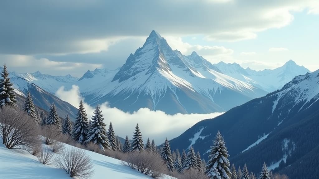  professional detailed photography, mountain landscape with clouds and snow, view from the mountain ar 16:9, (muted colors, dim colors, soothing tones), (vsco:0.3)