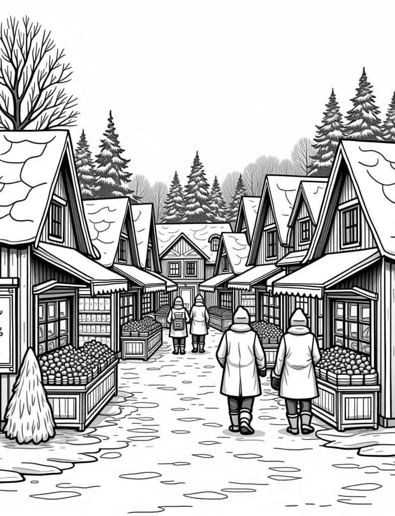  this is for an adult coloring page. a detailed black and white line art of a snowy snowy village market with people selling winter goods on a solid white background.