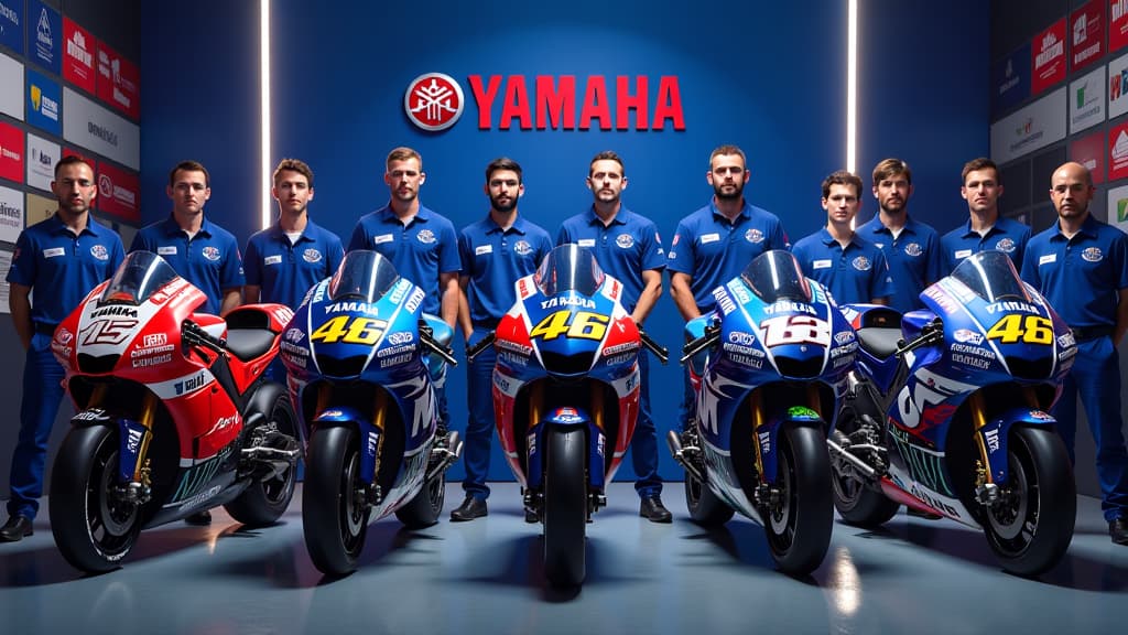  create an ultra realistic image showcasing the yamaha factory team at the wsbk premiere in cremona without jonathan rea. depict a dramatic scene with a diverse group of all italian riders, led by niccolo canepa, standing in front of their sleek yamaha motorcycles. incorporate medical professionals in the background, emphasizing rea's absence due to his thumb injury. use vibrant colors, dynamic lighting, and detailed anatomy to convey the intensity of the situation. ensure logos of yamaha and wsb