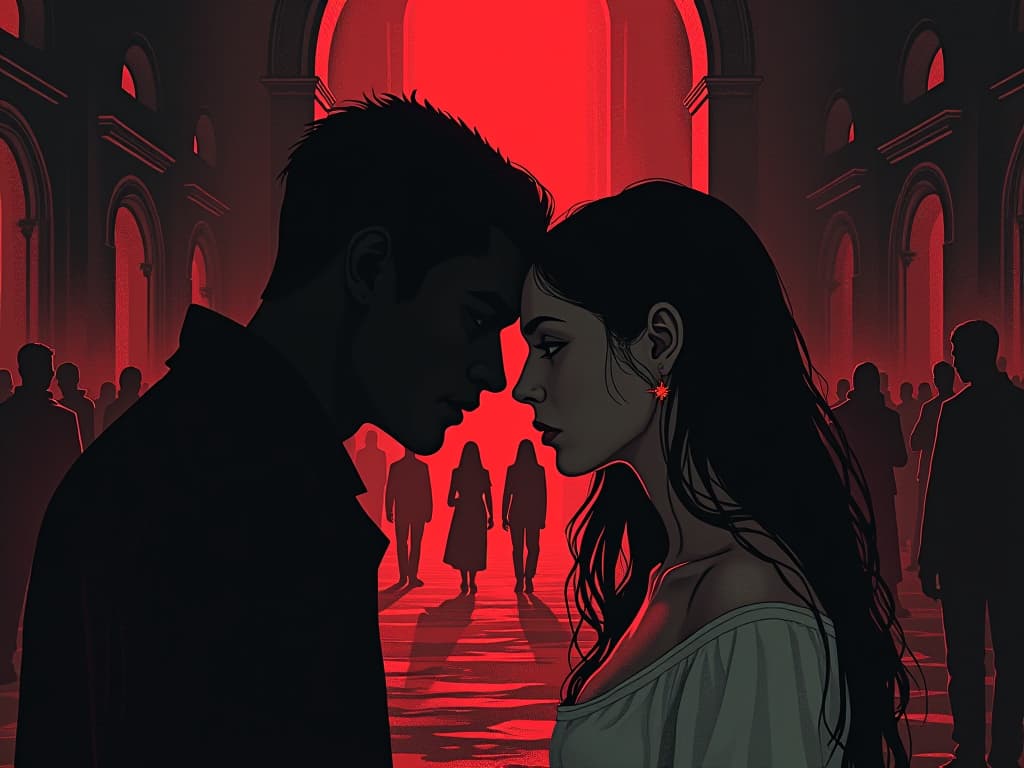  fracturing relationships, people distancing, shadowy forces interjecting, air of unseen tension. the style is digital art illustration / modern comic book / graphic dark novel fantasy and mysterious occult, symbolic, moody lighting, esoteric vibe,high detail on character design. for the color scheme emphasize blacks and reds.