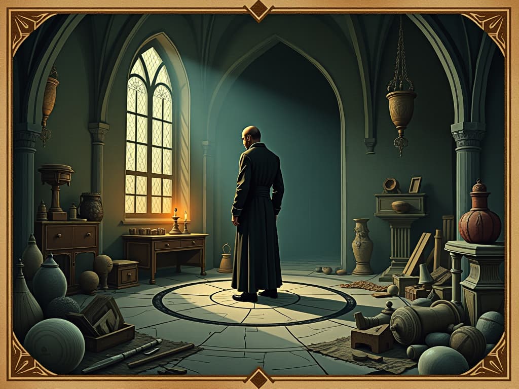  a room filled with antique relics under dim light, an archaeologist, shadowy figure, discerning gaze, focused exploration, sense of uncovering hidden truths, mysterious aura. an illustration in the style of a worn, mystical old tarot trump card, mysterious and elements of surrealism. the colors are muted, somber and eerie, but with contrast bring out an occult and esoteric vibe.