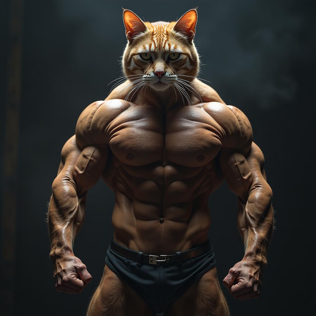  a body builder muscular cat hyperrealistic, full body, detailed clothing, highly detailed, cinematic lighting, stunningly beautiful, intricate, sharp focus, f/1. 8, 85mm, (centered image composition), (professionally color graded), ((bright soft diffused light)), volumetric fog, trending on instagram, trending on tumblr, HDR 4K, 8K