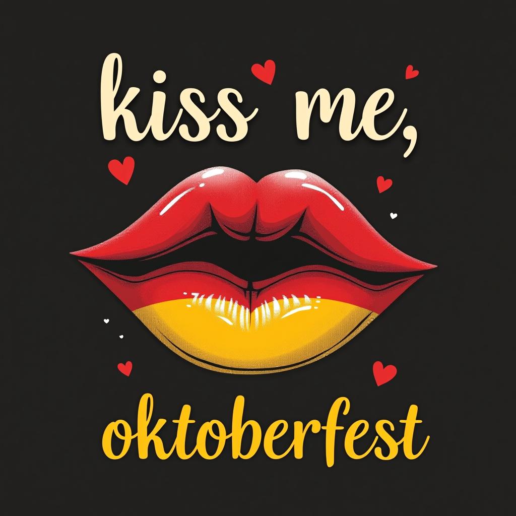  festive design with 'kiss me, i'm german.' bold font, with lips and a small german flag with subtle hearts. place the word oktoberfest at the bottom of the image