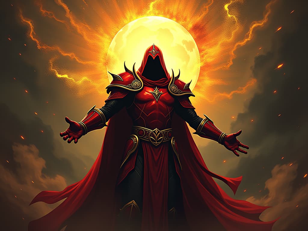  warrior in red armor, breaking free from dark bondage, golden aura, emanating triumph and liberation. the style is digital art illustration / modern comic book / graphic dark novel fantasy and mysterious occult, symbolic, moody lighting, esoteric vibe,high detail on character design. for the color scheme emphasize blacks and reds.