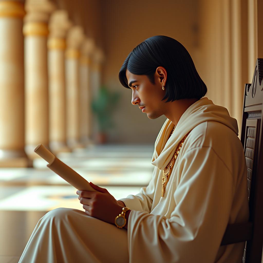  cinematic photo pastel colors; turning face and body in full face, the angle of face and body in full face; a charming young ancient egyptian priest of twenty years; he sits in the spacious lobby of an ancient egyptian building; waiting for someone, the priest reads a papyrus scroll and learned a very important secret; the priest is dressed in a light long tunic of snow white linen and wears ancient egyptian jewelry made of gold and silver; the priest has straight hair up to the shoulders, a straight bang hides; the hall, where there is a marvelous light colored tree. . 35mm photograph, film, bokeh, professional, 4k, highly detailed