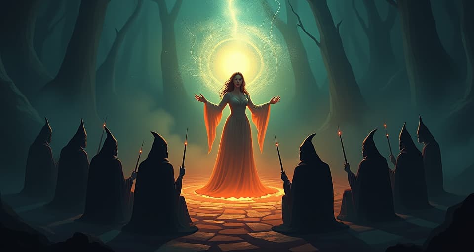  dark sorcerers gathered in a circle, channeling energy toward a radiant, ethereal figure. her aura absorbing their darkness, steadfast, powerful, luminous.. the style is digital art illustration,highly detailed, whimsical,magical, dreamlike atmosphere, realism and fantasy blend, smooth, glossy textures,luminous quality, wonder and enchantment.