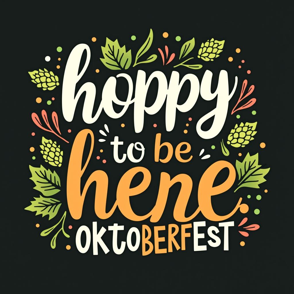  playful 'hoppy to be here.' bold font with hop flower and oktoberfest elements. place the word oktoberfest at the bottom of the image