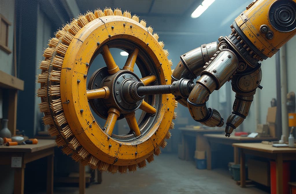  textured oil painting, extreme close up, sci fi:fantasy:steampunk, a spinning mechanical wheel fringed with soft bristles, attached to a precise:futuristic articulating shiny metal robotic arm, against a bright modern workshop interior, natural light