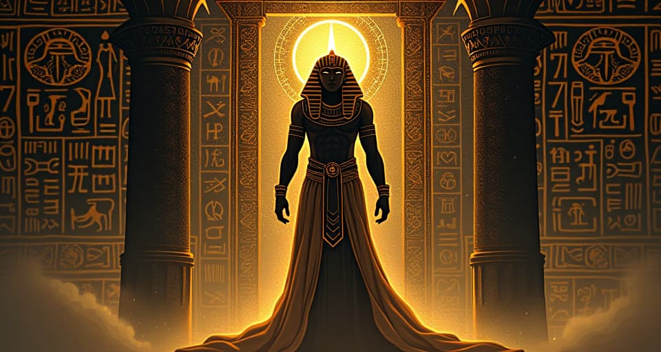  intricate tapestry of interwoven hieroglyphs, golden thread shimmering, depicting virtues merging into the silhouette of a majestic pharaoh, symbolizing deep integration. the style is digital art illustration / modern comic book / mysterious occult, symbolic, esoteric vibe,high detail on character design, incorporating ancient egyptian symbology and attire.