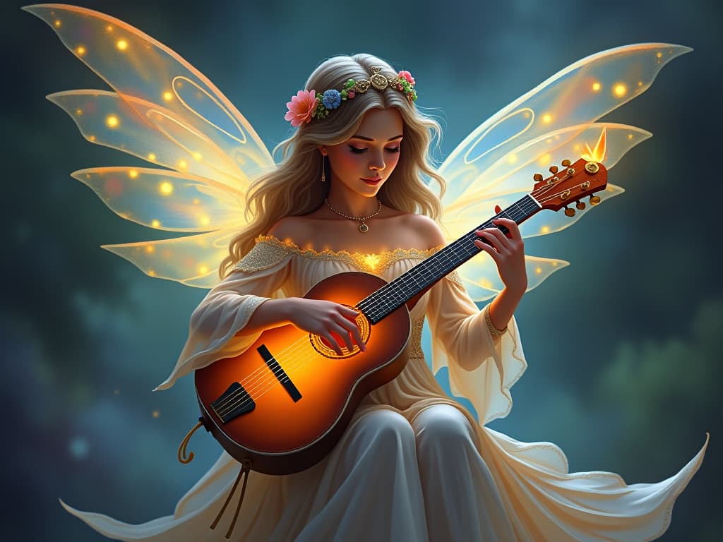  ethereal minstrel playing a glowing lute, surrounded by luminescent patterns, resonating energy of empowerment and inspiration. the style is digital art illustration,highly detailed, whimsical,magical, dreamlike atmosphere, realism and fantasy blend, smooth, glossy textures,luminous quality, wonder and enchantment.