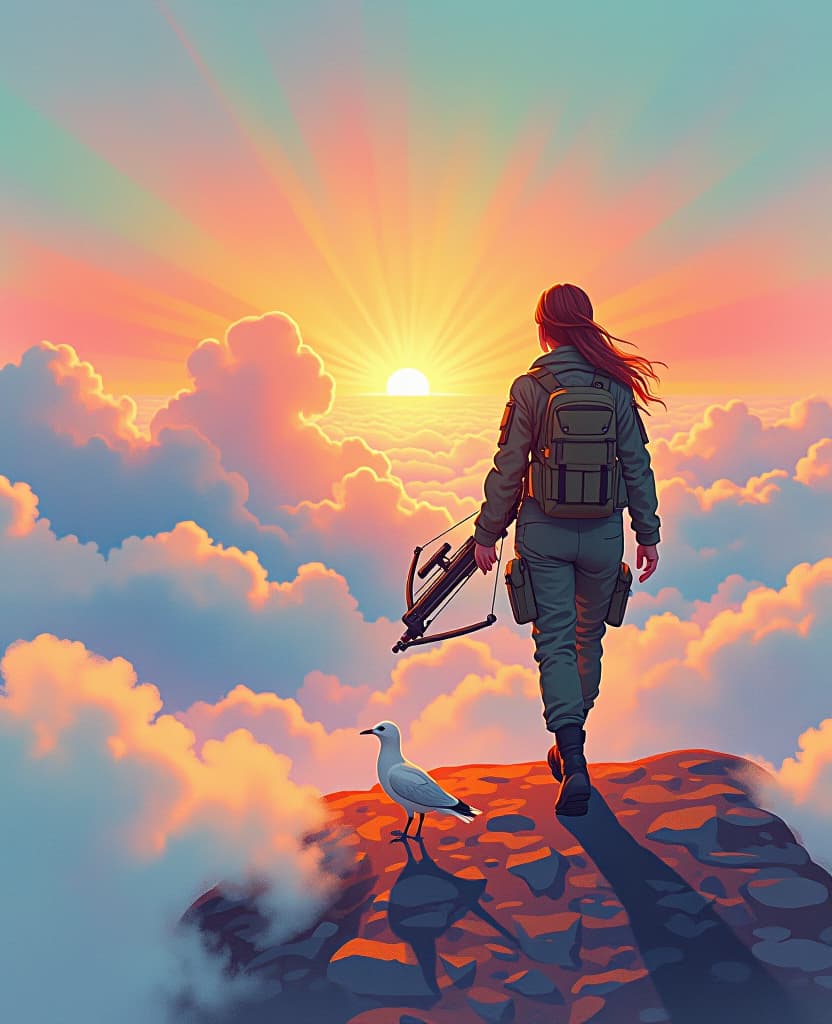  (watercolor, gouache, ink and graphite on paper:1.2), a hyper realistic, cinematic scene of a crossbow woman walking along a shimmering trail of soft, glowing rainbow clouds. every detail of the crossbow is meticulously rendered. the scene takes place during a spectacular sunrise, with the golden light of the sun piercing the clouds, casting long shadows and creating a serene, almost otherworldly atmosphere. two white birds. the crossbow woman, seen from behind, wears a camouflage suit and military boots, her silhouette accentuated by a warm, radiant glow. the sky is vast, painted in soft shades of pink, orange and blue, and the clouds below resemble a gentle, rolling sea of ​​light. the overall mood is one of peaceful solitude, explora