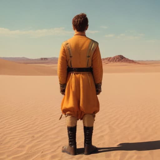 from Dune standing in dystil costume in dessert looking into the distance. In the style of Wes Anderson and the main character should be in the middle of photo