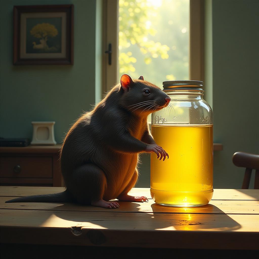  concept art table. there's a dead, fat mole in a jar of yellow liquid. the sunlight from the street shines through the jar. . digital artwork, illustrative, painterly, matte painting, highly detailed