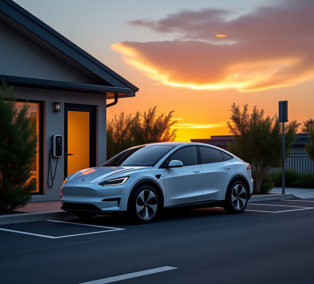  modern electric car parked next to a home and charging from a charging station on sunset. mindful of the planet's resources.