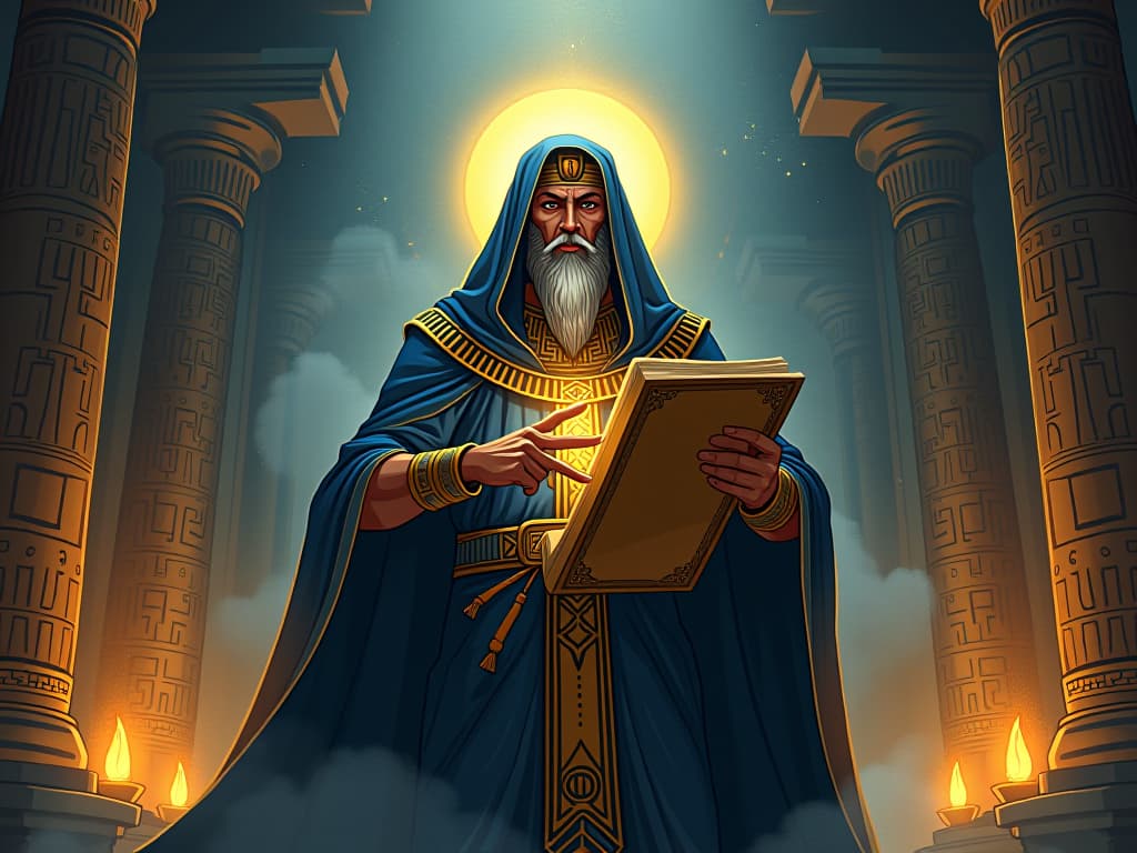  a mystical scene with an egyptian sage, robed in deep blues and golds, holding ancient scrolls in an illuminated chamber. hieroglyphs glowing with mystical light around, symbolizing the discovery of destiny's keys.. the style is digital art illustration / modern comic book / mysterious occult, symbolic, esoteric vibe,high detail on character design, incorporating ancient egyptian symbology and attire.