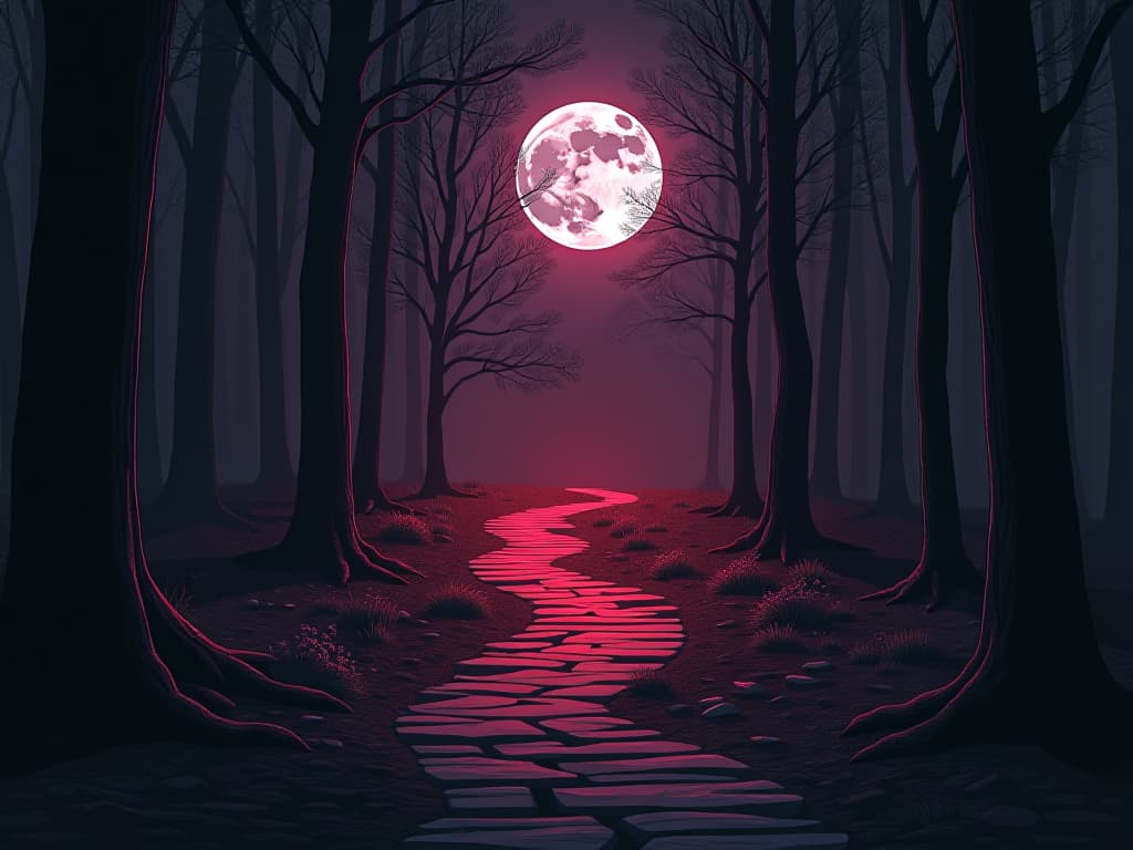  two intersecting paths in a dark forest, moon casting a silvery light on the path, air of decision and destiny. the style is digital art illustration / modern comic book / graphic dark novel fantasy and mysterious occult, symbolic, moody lighting, esoteric vibe,high detail on character design. for the color scheme emphasize blacks and reds.