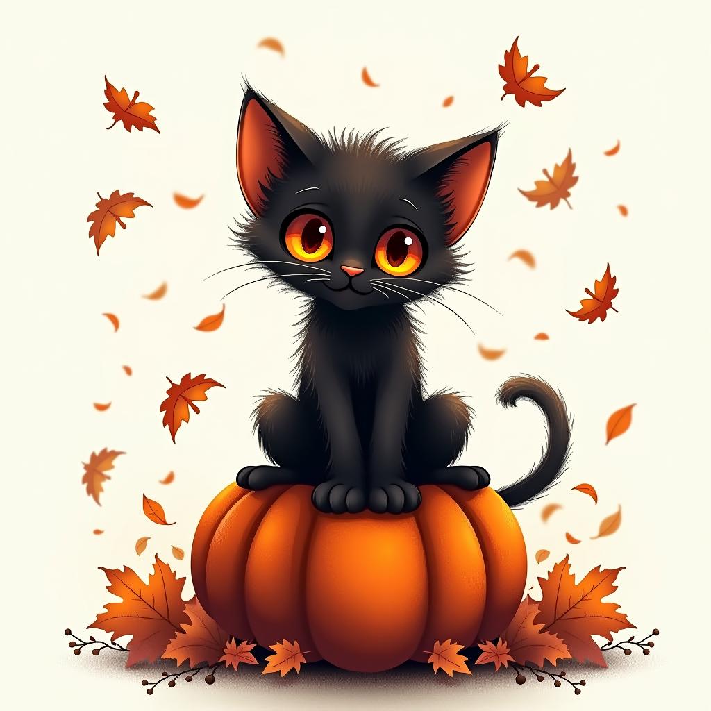  a cute black cat with glowing eyes sitting on a pumpkin, surrounded by swirling autumn leaves in a whimsical style, with warm, moody lighting. t shirt design, vector, contour, white background, no mockup hyperrealistic, full body, detailed clothing, highly detailed, cinematic lighting, stunningly beautiful, intricate, sharp focus, f/1. 8, 85mm, (centered image composition), (professionally color graded), ((bright soft diffused light)), volumetric fog, trending on instagram, trending on tumblr, HDR 4K, 8K