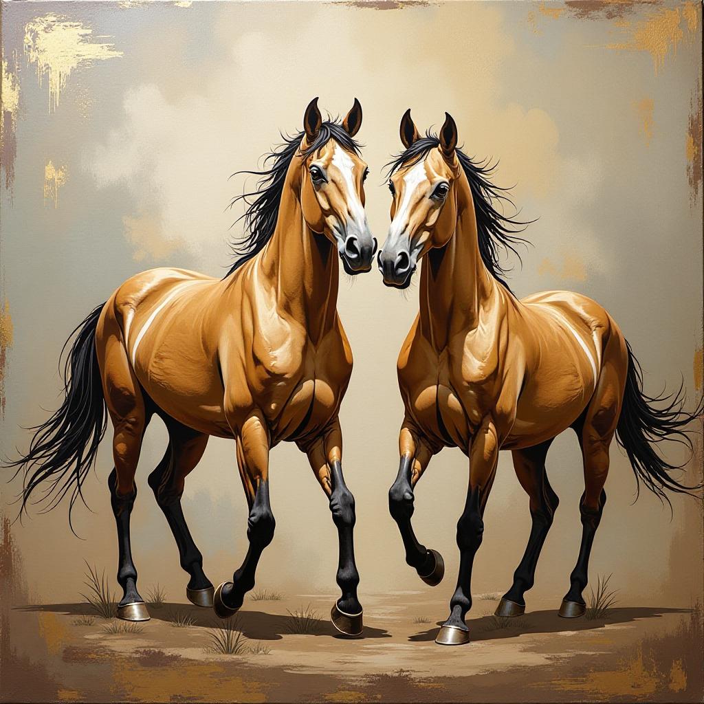  painting abstract oil on canvas. animals, gold, horses, canvas, contemporary artwork, paint spots, paint strokes, knives, large strokes, mural, wall art, high quality, high details, hd, perfect composition, 4k epic detailed, highly detailed, sharp focus, high resolution