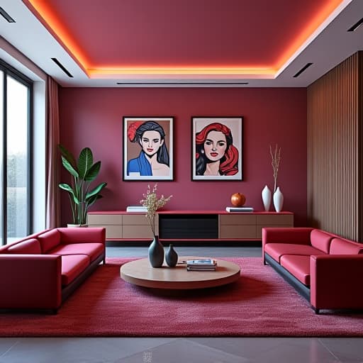  create an image of a contemporary living room with bold and contrasting colors, futuristic furniture design, and unconventional wall art, reflecting the theme of pushing boundaries in home interior design.