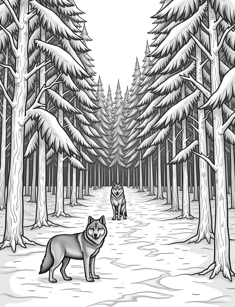  this is for an adult coloring page. a detailed black and white line art of a snowy snowy forest with a group of wolves standing at the edge on a solid white background.