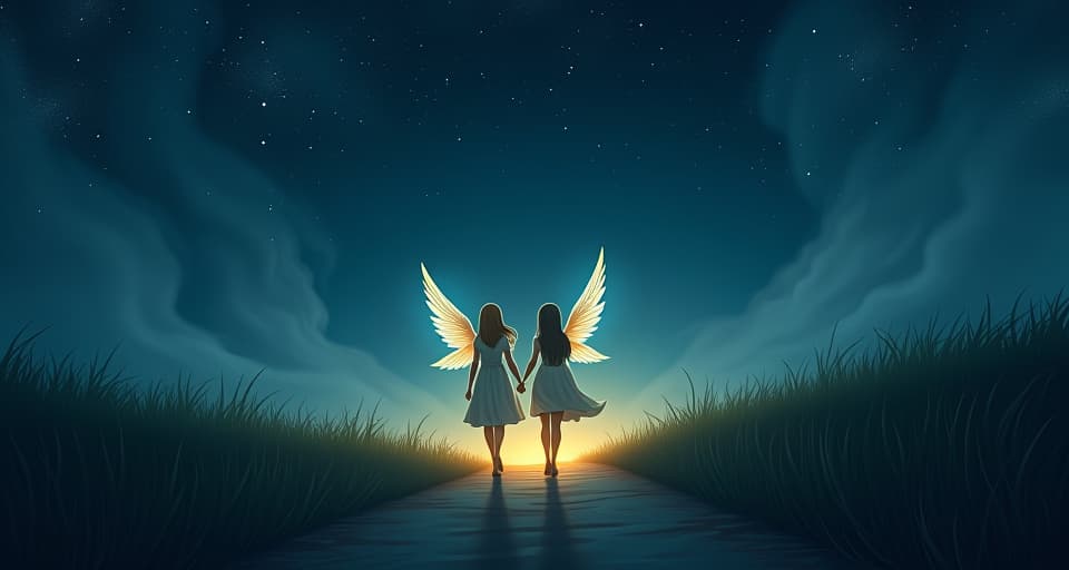  a pair of guardian angels, ethereal and luminous, walking beside a lone traveler under a dark, star studded sky. their subtle, protective presence casting a glow on the path.. the style is digital art illustration,highly detailed, whimsical,magical, dreamlike atmosphere, realism and fantasy blend, smooth, glossy textures,luminous quality, wonder and enchantment.