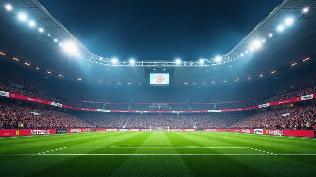  prompt: create a hyper realistic image capturing the essence of the 5th matchday of the bundesliga. show a dynamic football stadium filled with cheering fans, players engaged in thrilling duels on the pitch. display large digital screens with detailed statistics and results, prominently featuring the bundesliga logo. include players from various teams celebrating victories or reacting to defeats, all under the bright stadium lights. incorporate brandings of bundesliga clubs, such as bayern munic