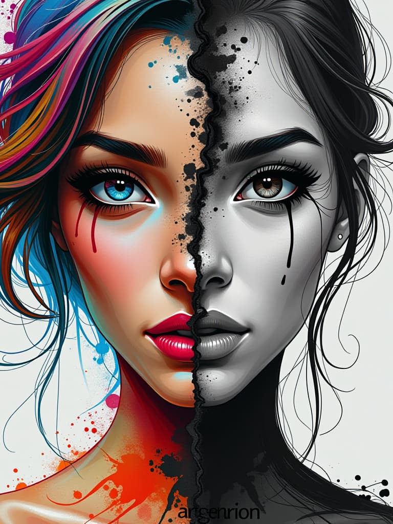  (masterpiece, diptych art:1.4), split in half, left side: (vividly colorful woman's face:1.3), photorealistic features, (radiant multi hued hair:1.2), expressive, soulful eyes that reflect emotion, swirling patterns of color surrounding her, right side: (monochromatic woman's face:1.3), created with an artistic splattering of ink, stark contrasts, (delicate line work:1.1), highlighting the contours of her face, bottom center, bold text “artgeneration” in capital letters, gothic font calligraphy, (surrealism art:1.2), a fusion of two worlds, evoking thought and introspection, rich textures, harmonious yet dissonant composition, captivating visual storytelling. hyperrealistic, full body, detailed clothing, highly detailed, cinematic lighting, stunningly beautiful, intricate, sharp focus, f/1. 8, 85mm, (centered image composition), (professionally color graded), ((bright soft diffused light)), volumetric fog, trending on instagram, trending on tumblr, HDR 4K, 8K