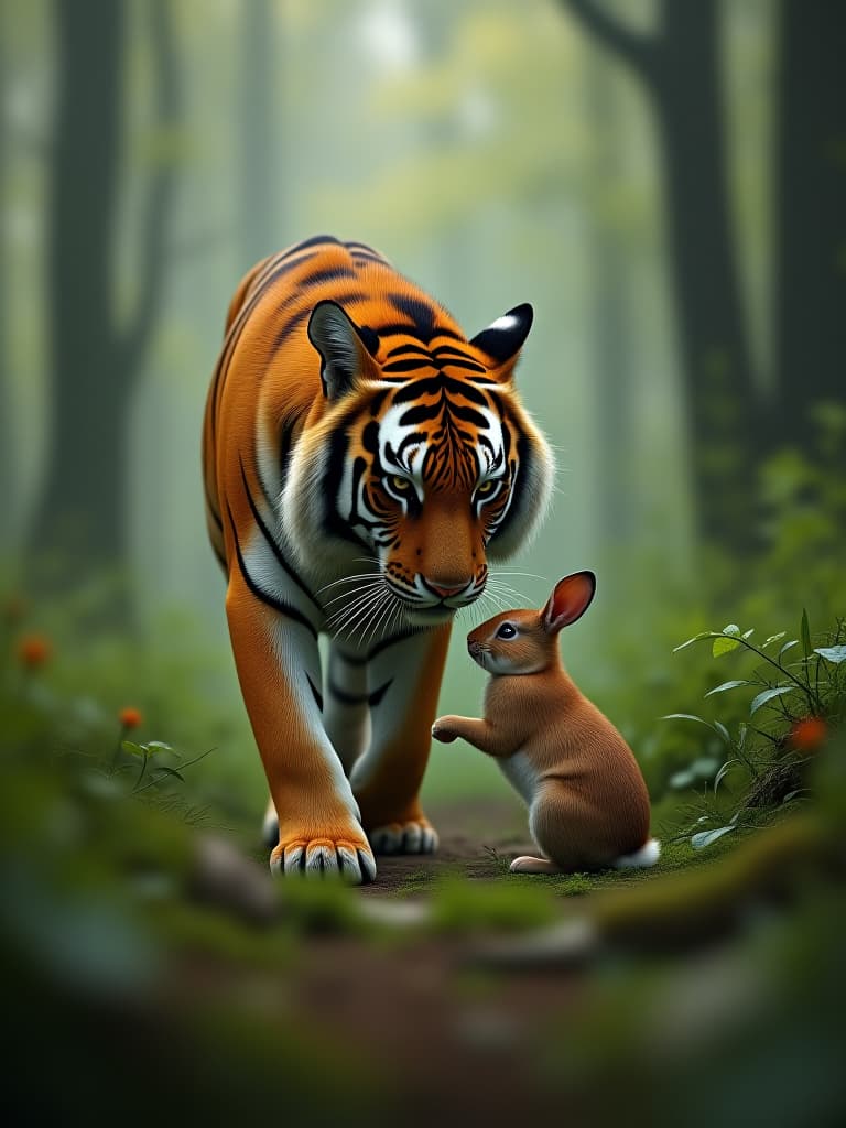  in the forest, the tiger goes with the rabbit photo realistic, highly intricate and detailed, masterpiece, ultra high res,photography,8k resolution