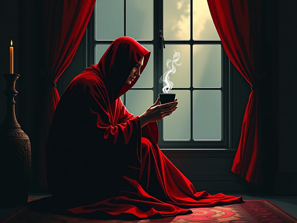  person in red robe sitting by a window, holding a cup of tea, steam rising, warm and peaceful atmosphere. the style is digital art illustration / modern comic book / graphic dark novel fantasy and mysterious occult, symbolic, moody lighting, esoteric vibe,high detail on character design. for the color scheme emphasize blacks and reds.