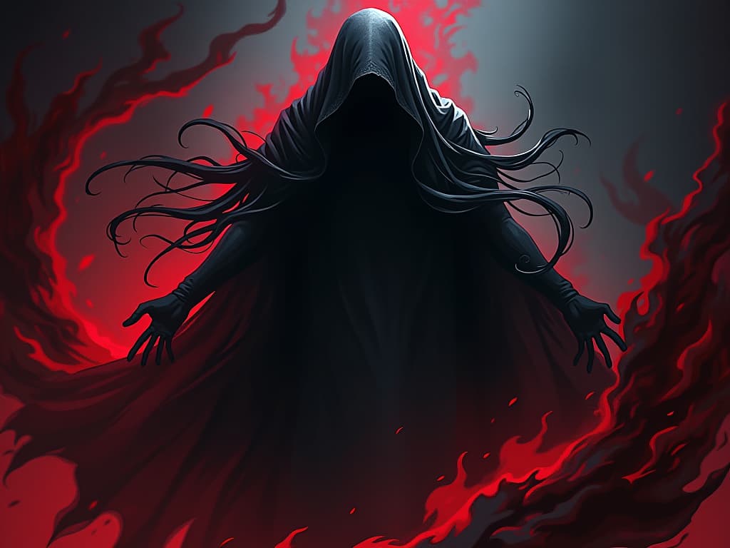  shadows swirling around, feeling of layered nostalgia and guilt, haunting atmosphere. the style is digital art illustration / modern comic book / graphic dark novel fantasy and mysterious occult, symbolic, moody lighting, esoteric vibe,high detail on character design. for the color scheme emphasize blacks and reds.