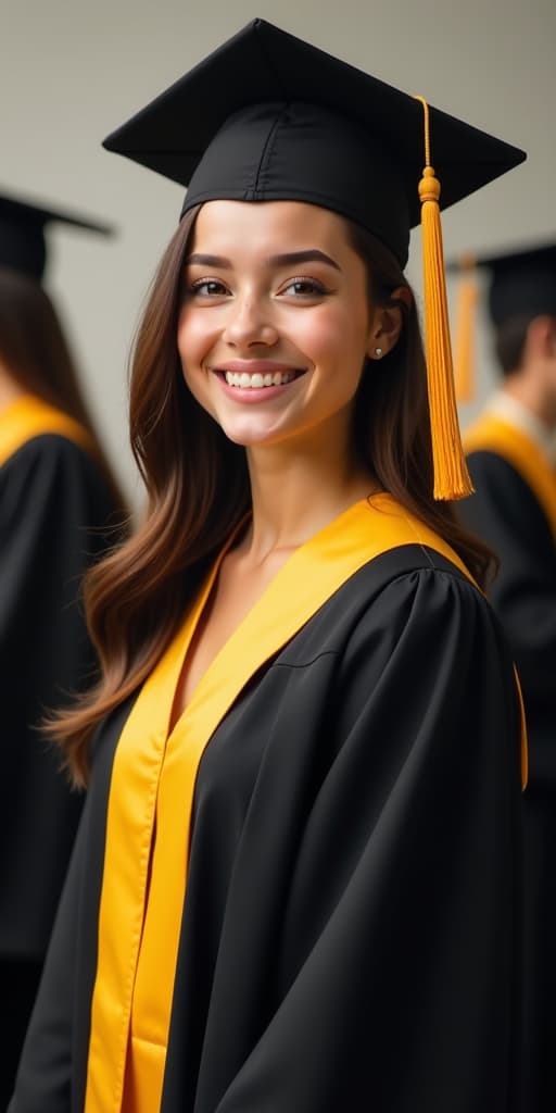  illustration portrait of cheerful young lady in black and yellow graduation gown with cap against of other graduate, high quality, high details, hd, perfect composition, 4k epic detailed, highly detailed, sharp focus, high resolution