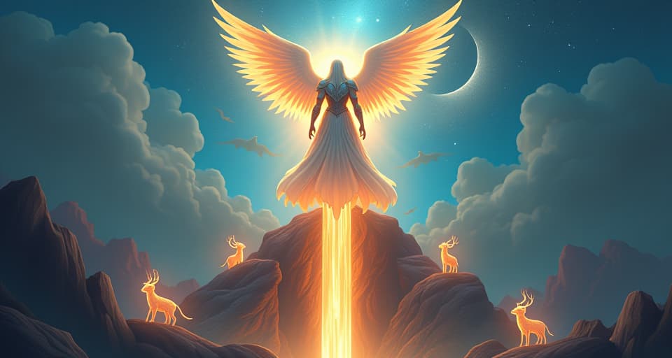  a celestial guardian in ethereal armor, standing atop a glowing portal. below, a mythical landscape filled with luminous creatures, symbolizing the role of a leader and guide.. the style is digital art illustration,highly detailed, whimsical,magical, dreamlike atmosphere, realism and fantasy blend, smooth, glossy textures,luminous quality, wonder and enchantment.